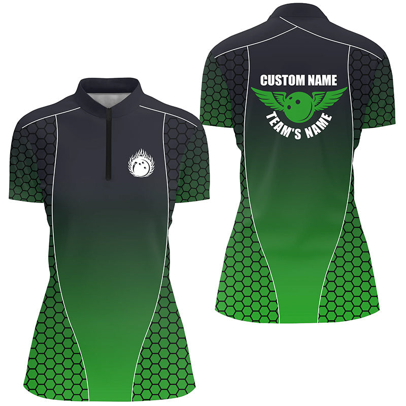 Individuell gestaltete Bowling-Hemden mit Namen für Damen, Flammende Bowling-Kugel Bowling-Team-Hemden | Grün IPHW4241