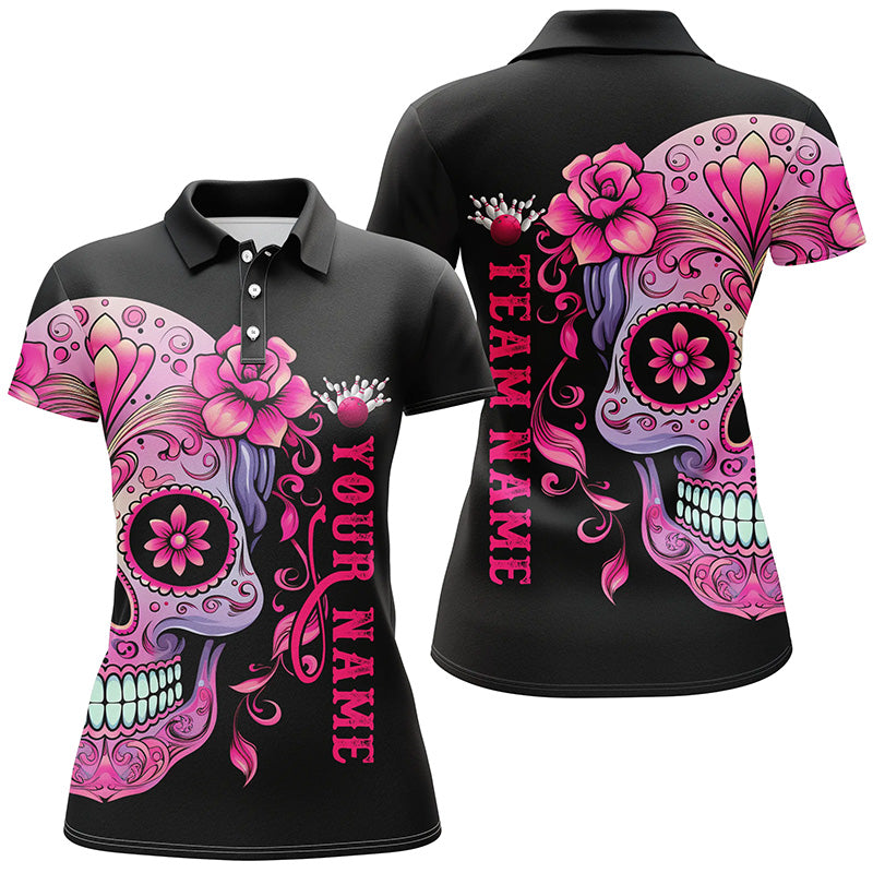 Pink Sugar Skull Tattoo, individuelle Damen-Bowling-Polohemden, Halloween-Team-Bowling-Trikots IPHW5243