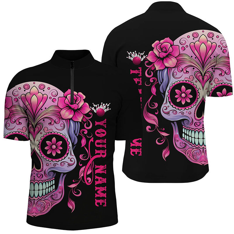 Pinker Zucker-Schädel-Tattoo, individuelle Unisex-Bowling-Quarter-Zip-Hemden, Halloween-Team-Bowlingtrikots IPHW5243
