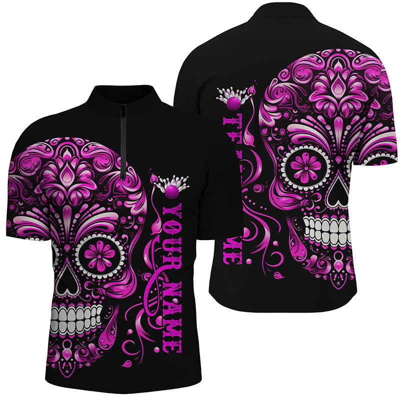 Pinker Zucker-Schädel-Tattoo, individuelle Unisex-Bowling-Quarter-Zip-Hemden, Halloween-Team-Bowlingtrikots IPHW5244