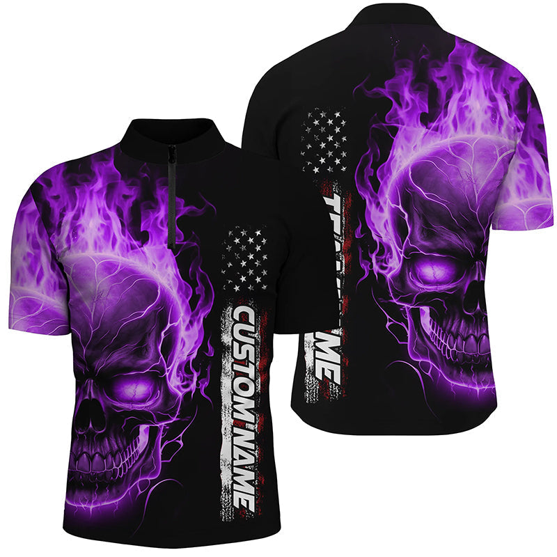 Bowling-Hemden mit lilafarbenem Flammen-Totenkopf, 1/4-Reißverschluss, Unisex, Amerikanische Bowling-Trikots IPHW5276
