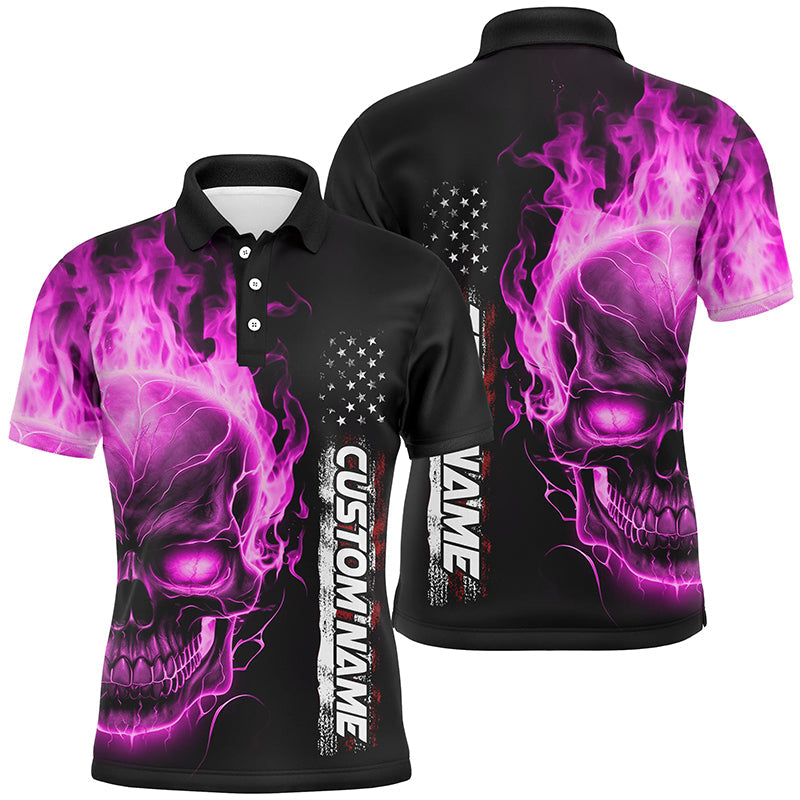 Bowling-Poloshirts mit pinkfarbenem Flammen-Totenkopf, Unisex, Amerikanische Bowling-Trikots IPHW5279