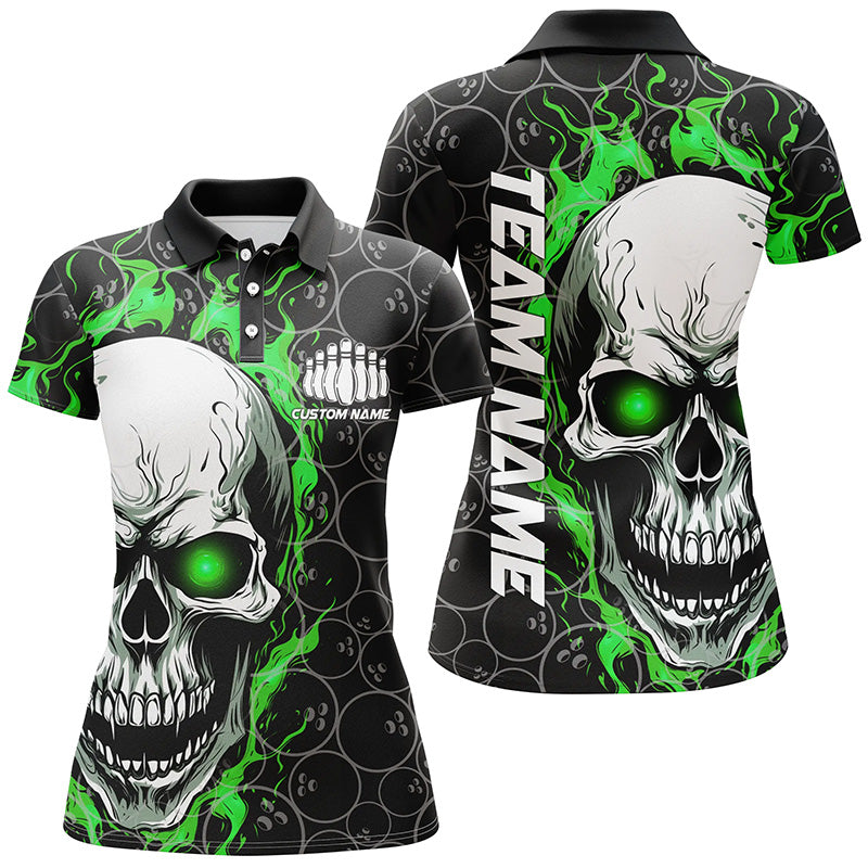 Personalisierte Totenkopf-Bowling-Hemden für Damen, Teamname-Flammen-Bowling-Trikots | Grün IPHW5008