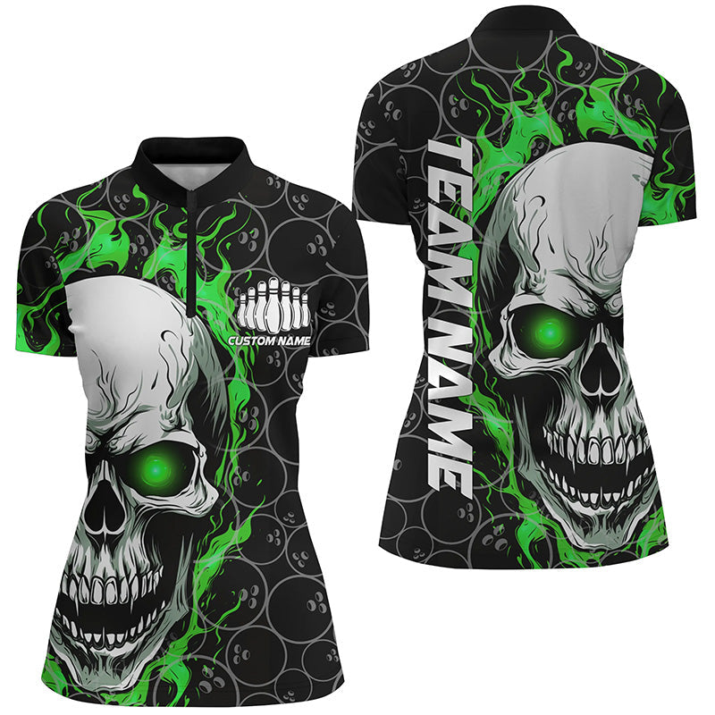 Personalisierte Totenkopf-Bowling-Hemden für Damen, Teamname-Flammen-Bowling-Trikots | Grün IPHW5008