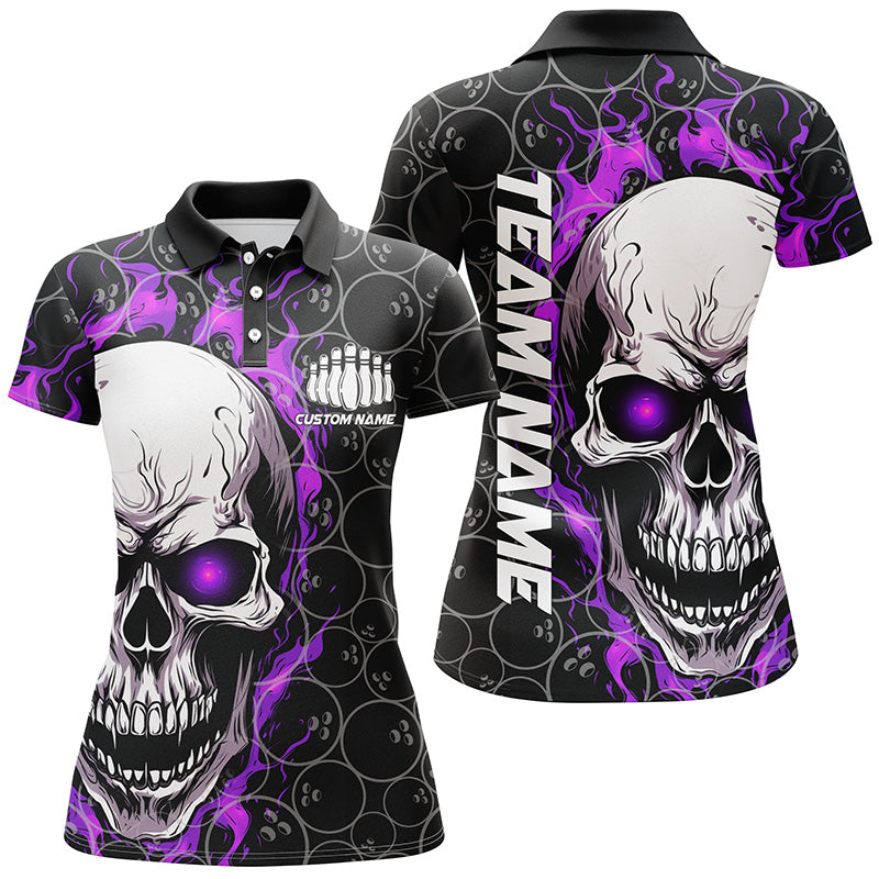 Personalisierte Totenkopf-Bowling-Hemden für Damen, Teamname-Flammen-Bowling-Trikots | Lila IPHW5009