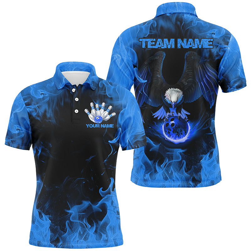Blauer Flammen-Adler-Bowling-Team Shirt für Herren, Feuer-Personalisiertes Bowling-Uniform-Outfit IPHW7117