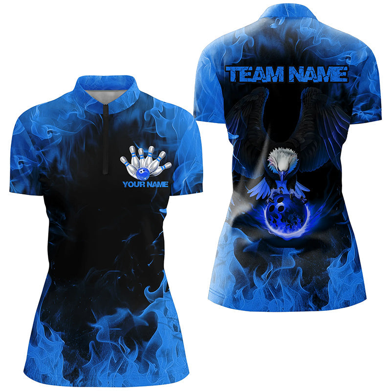 Blauer Flammen-Adler-Bowling-Team Shirt für Damen, Feuer-Personalisiertes Bowling-Uniform-Outfit IPHW7117