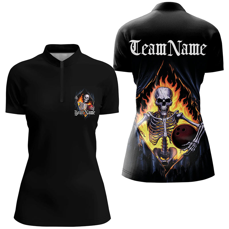 Individuelle Schädel-Bowling-Polo-Quarter-Zip-Hemden für Damen, Skelett-Bowlinghemden für Damen IPHW6805