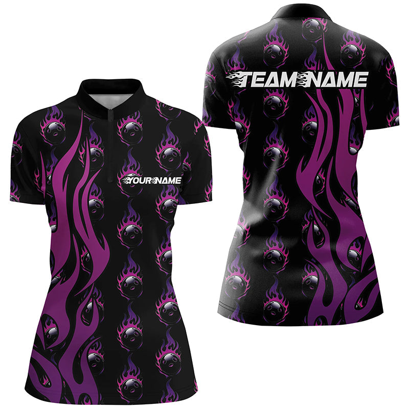 Individuelles lila Flammen-Bowlinghemd für Damen, Bowlingliga-Hemden mit Teamnamen IPHW6969