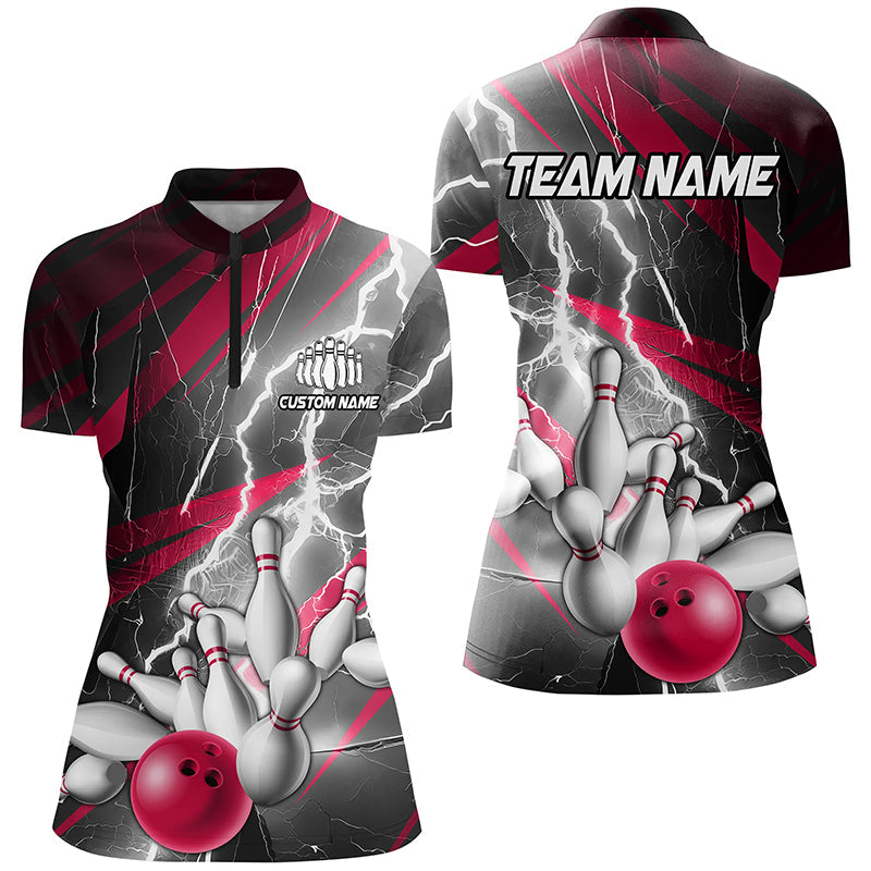 Pinke Blitzschlag-individuelle Bowling-Quarter-Zip-Hemden für Damen, Bowlinghemden für Damen IPHW6854
