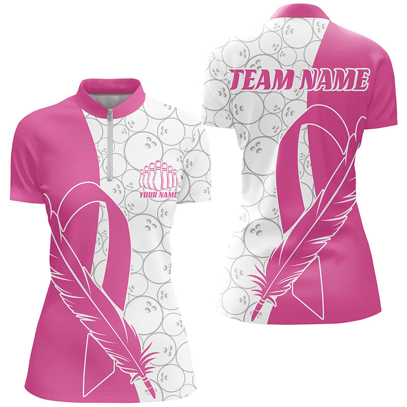 Feder-Schleifen-Brustkrebs-Bewusstseins-Bowlinghemden für Damen, pinke Bowlingtrikots IPHW6673