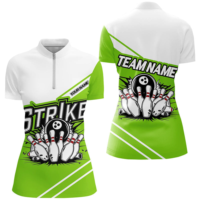 Grüne "Strike" Bowlinghemden für Damen, individuelle Teamnamen-Bowlingtrikots, Bowler-Outfits IPHW6692