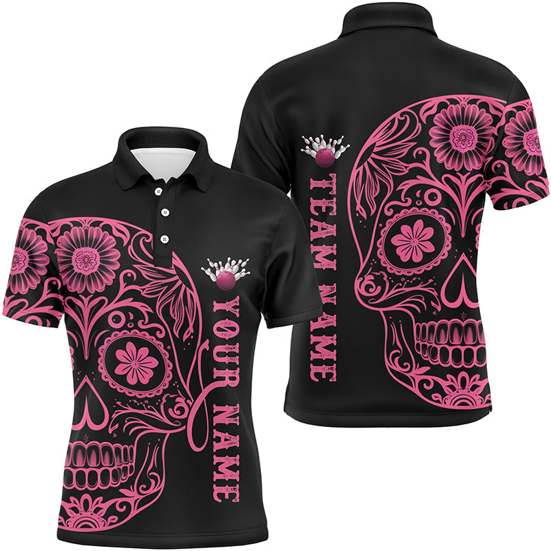 Pinkes "Sugar Skull"-Tattoo, individuelle Unisex-Team-Bowling-Polohemden, Halloween-Team-Bowlingtrikots IPHW6711