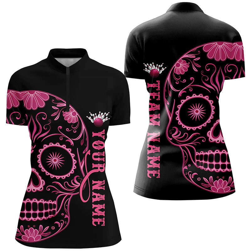 Pinkes "Sugar Skull"-Tattoo, individuelle Damen-Team-Bowling-Polohemden, Halloween-Team-Bowlingtrikots IPHW6712