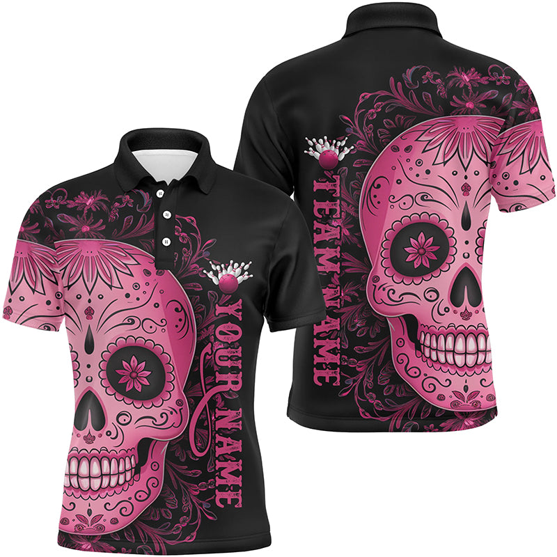 Pinkes "Sugar Skull"-Tattoo, individuelle Unisex-Team-Bowling-Polohemden, Halloween-Team-Bowlingtrikots IPHW6713