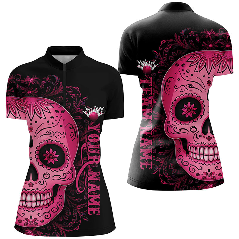Pinkes "Sugar Skull"-Tattoo, individuelle Damen-Team-Bowling-Polohemden, Halloween-Team-Bowlingtrikots IPHW6713