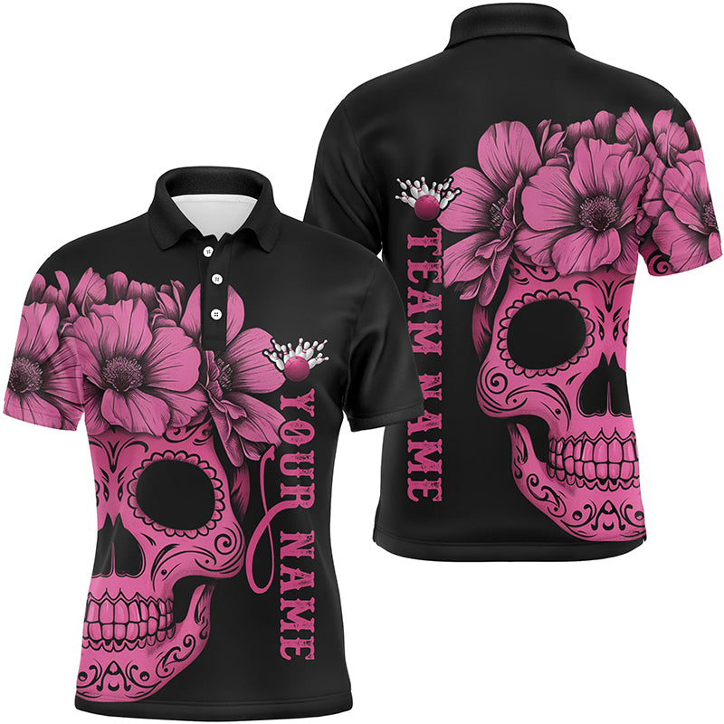Pinkes "Sugar Skull"-Tattoo, individuelle Unisex-Team-Bowling-Polohemden, Halloween-Team-Bowlingtrikots IPHW6714