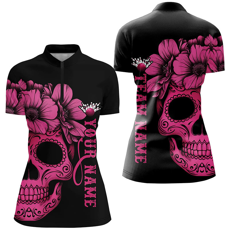 Pinkes "Sugar Skull"-Tattoo, individuelle Damen-Team-Bowling-Polohemden, Halloween-Team-Bowlingtrikots IPHW6714