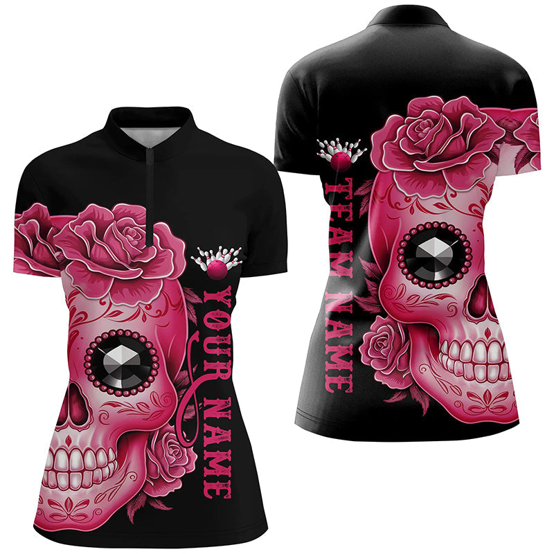 Pinkes "Sugar Skull"-Tattoo, individuelle Damen-Team-Bowling-Polohemden, Halloween-Team-Bowlingtrikots IPHW6715