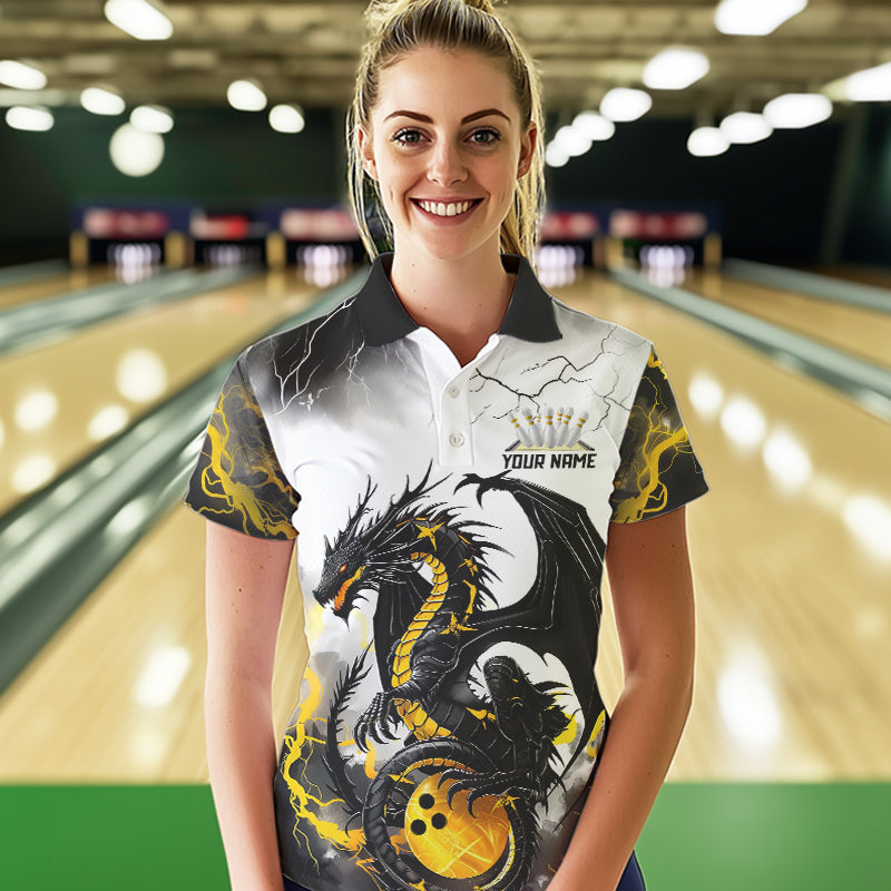 Schwarzgoldene „Donner Blitz“ individuelle Drachen-Bowlinghemden für Damen, Bowlingligahemden IPHW7061