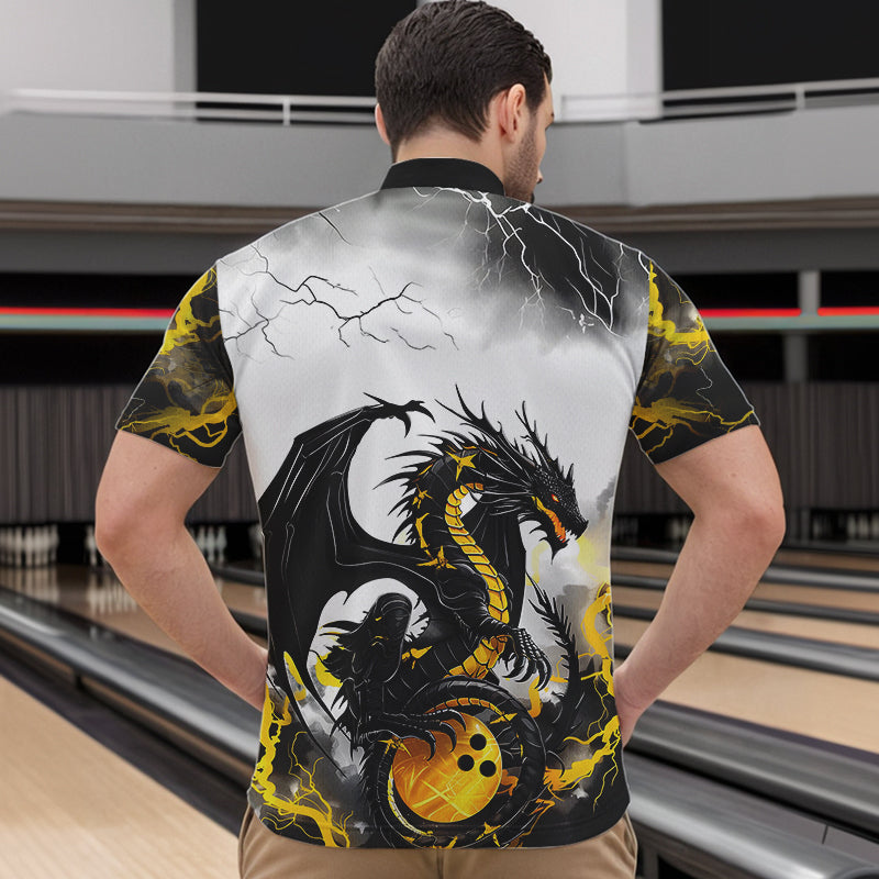 Schwarzgoldene "Donner Blitz“ Drachen-Bowlinghemden für Herren, Bowlingligahemden IPHW7061.1