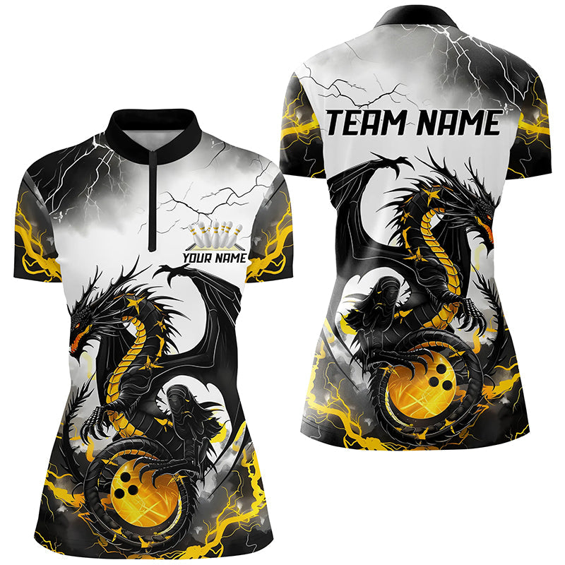 Schwarzgoldene „Donner Blitz“ individuelle Drachen-Bowlinghemden für Damen, Bowlingligahemden IPHW7061