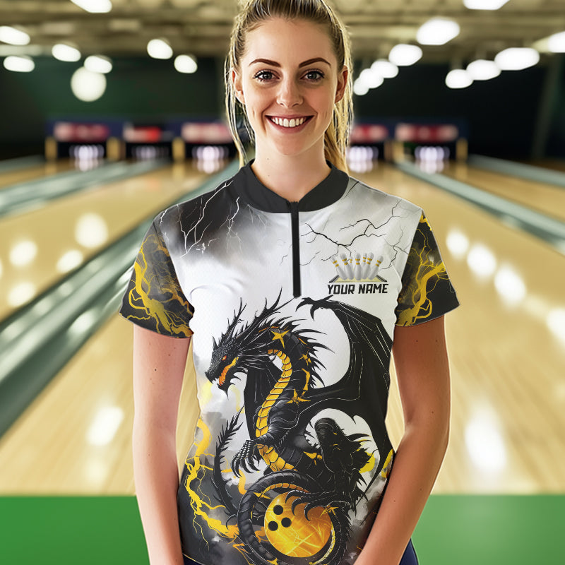 Schwarzgoldene „Donner Blitz“ individuelle Drachen-Bowlinghemden für Damen, Bowlingligahemden IPHW7061