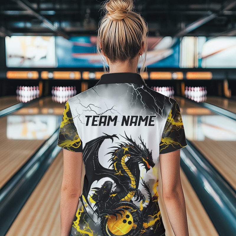 Schwarzgoldene „Donner Blitz“ individuelle Drachen-Bowlinghemden für Damen, Bowlingligahemden IPHW7061
