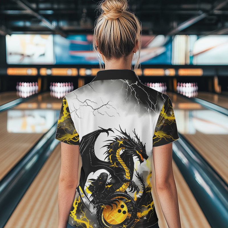Schwarzgoldene "Donner Blitz“ Drachen-Bowlinghemden für Damen, Bowlingligahemden IPHW7061.1
