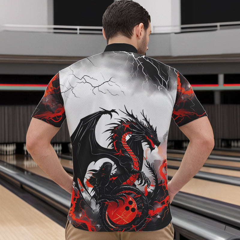 Schwarzrote „Donner Blitz“ Drachen-Bowlinghemden für Herren, Bowlingligahemden IPHW7063.1