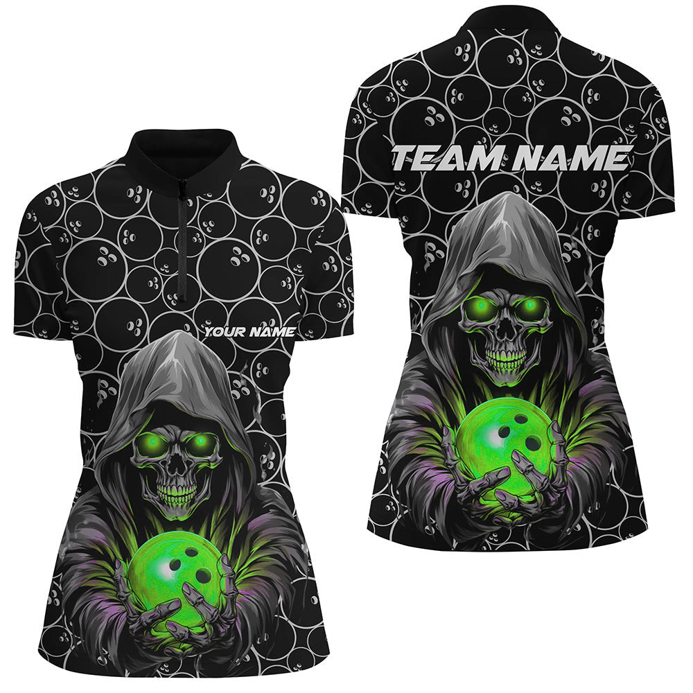 Individuelle Bowler-Outfits, Schädel-Grün-Bowling-Quarter-Zip-Hemden für Damen, Bowlingliga-Trikots IPHW5389