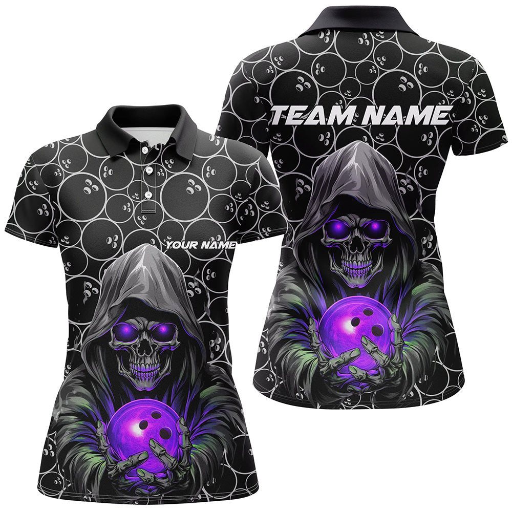 Individuelle Bowler-Outfits, Schädel-Lila-Bowling-Polohemden für Damen, Bowlingliga-Team-Trikots IPHW5390