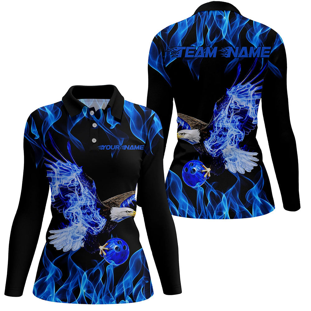Blauer Flammen-Adler Kundenspezifische Bowling-Team Shirts für Damen, Feuer-Bowling-Liga-Shirt IPHW7945