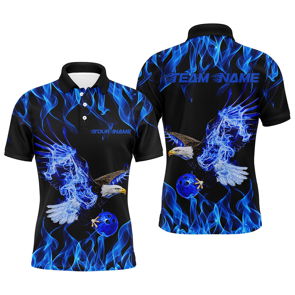 Blauer Flammen-Adler Kundenspezifische Bowling-Team Shirts für Herren, Feuer-Bowling-Liga-Shirt Bowler-Outfit IPHW7945