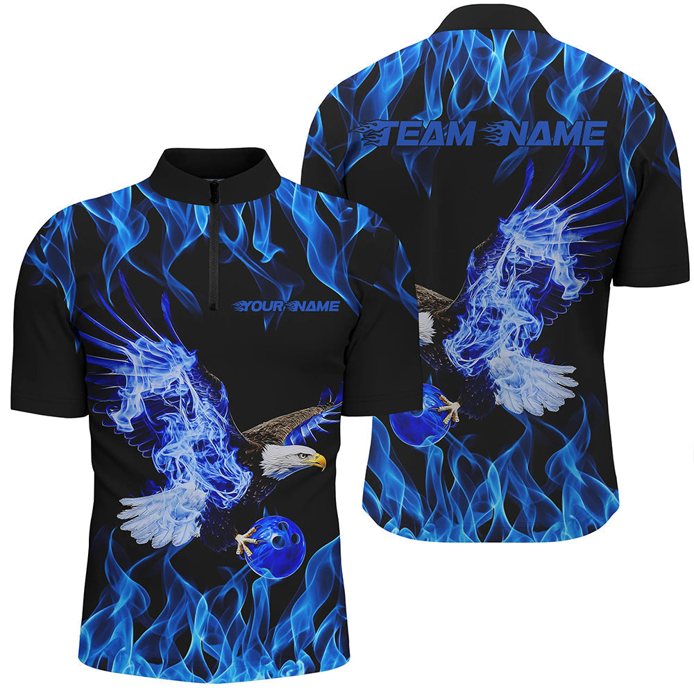 Blauer Flammen-Adler Kundenspezifische Bowling-Team Shirts für Herren, Feuer-Bowling-Liga-Shirt Bowler-Outfit IPHW7945