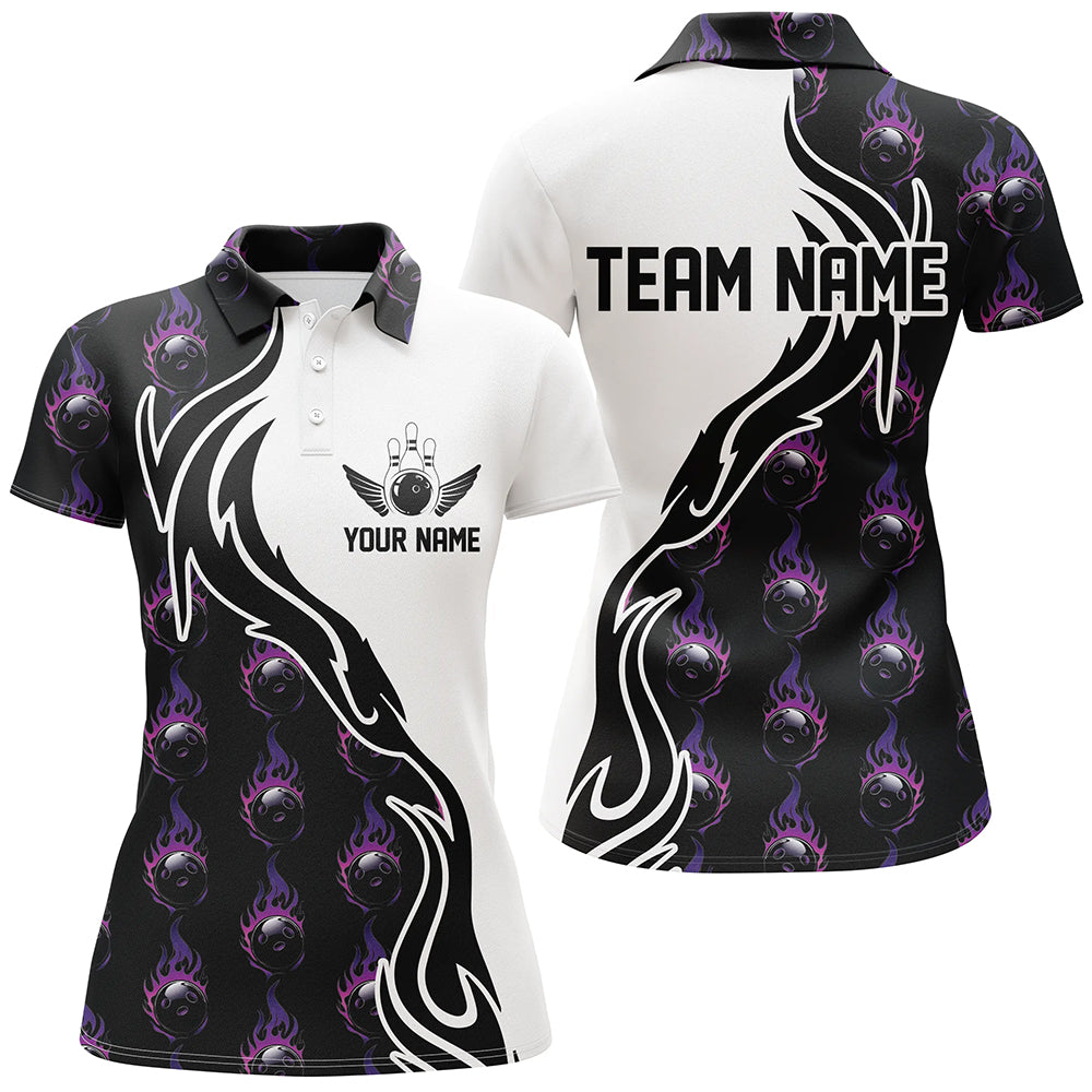 Lila Flammen-Bowlingkugel-Polohemd für Damen, individuelle Bowlingtrikots mit Teamnamen IPHW6947