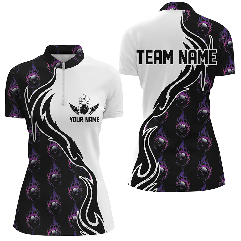 Lila Flammen-Bowlingkugel-Polohemd für Damen, individuelle Bowlingtrikots mit Teamnamen IPHW6947