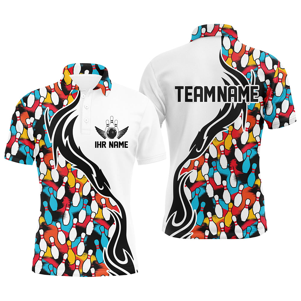 Bunte Bowling-Pins, individuelle Bowling-Polohemden für Herren, Flammen-Bowling-Outfits für Bowler IPHW6951