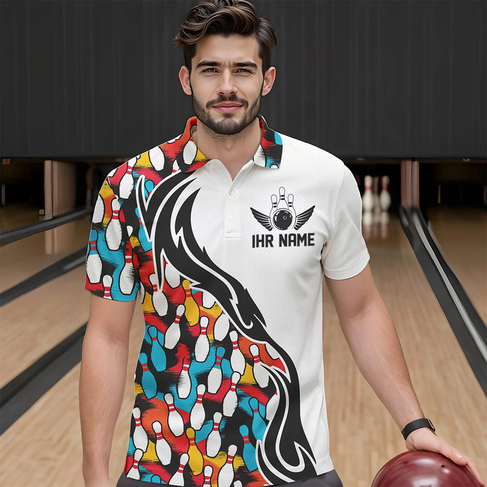 Bunte Bowling-Pins, individuelle Bowling-Polohemden für Herren, Flammen-Bowling-Outfits für Bowler IPHW6951