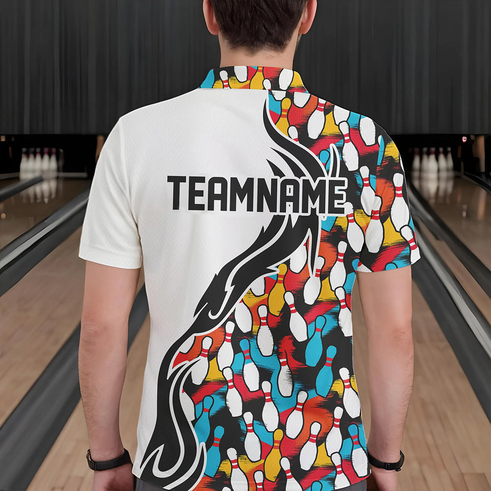 Bunte Bowling-Pins, individuelle Bowling-Polohemden für Herren, Flammen-Bowling-Outfits für Bowler IPHW6951