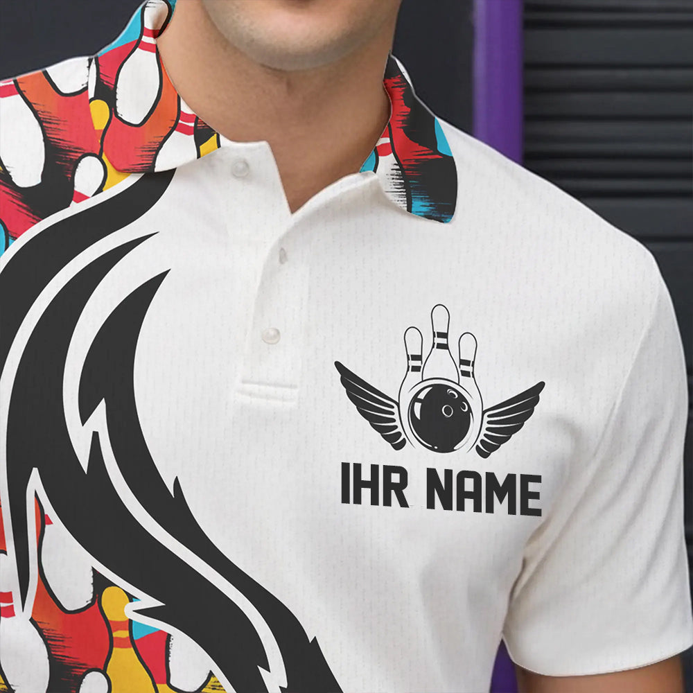 Bunte Bowling-Pins, individuelle Bowling-Polohemden für Herren, Flammen-Bowling-Outfits für Bowler IPHW6951