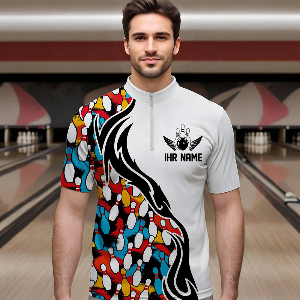 Bunte Bowling-Pins, individuelle Bowling-Polohemden für Herren, Flammen-Bowling-Outfits für Bowler IPHW6951