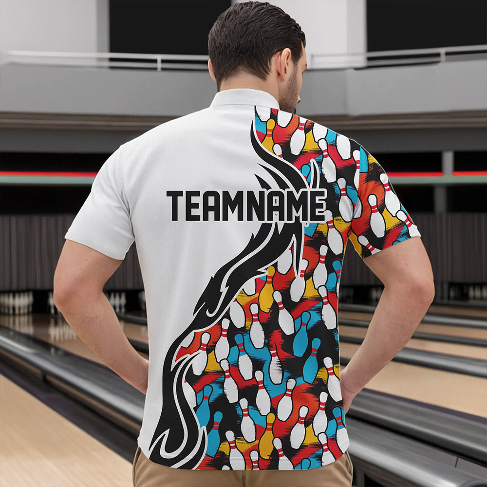 Bunte Bowling-Pins, individuelle Bowling-Polohemden für Herren, Flammen-Bowling-Outfits für Bowler IPHW6951