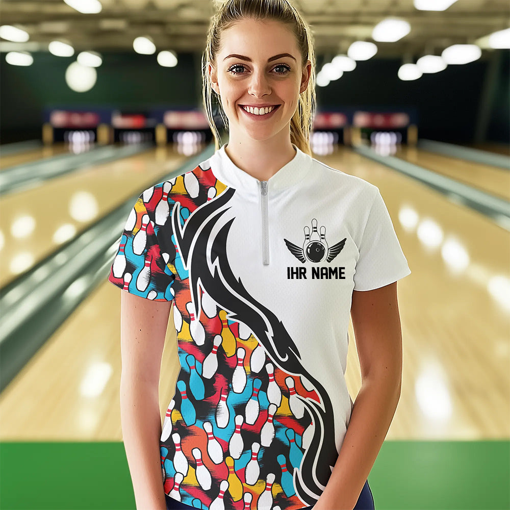 Bunte Bowling-Pins, individuelle Damen-Bowling-Polohemden, Flammen-Bowling-Outfits für Bowler IPHW6951