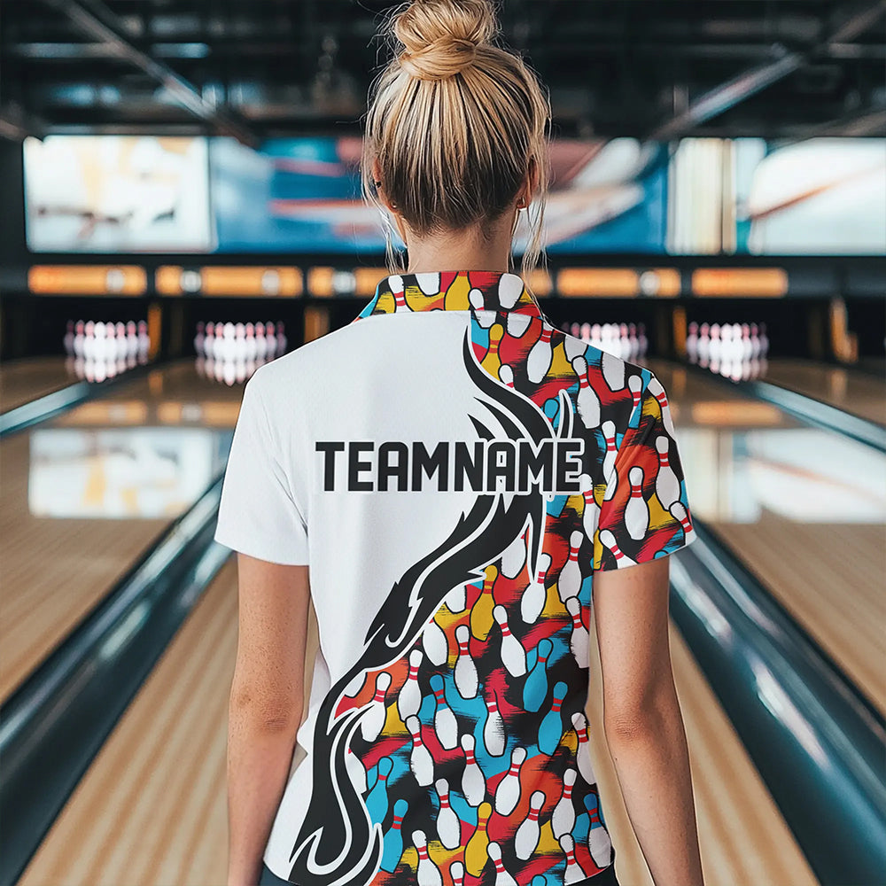 Bunte Bowling-Pins, individuelle Damen-Bowling-Polohemden, Flammen-Bowling-Outfits für Bowler IPHW6951