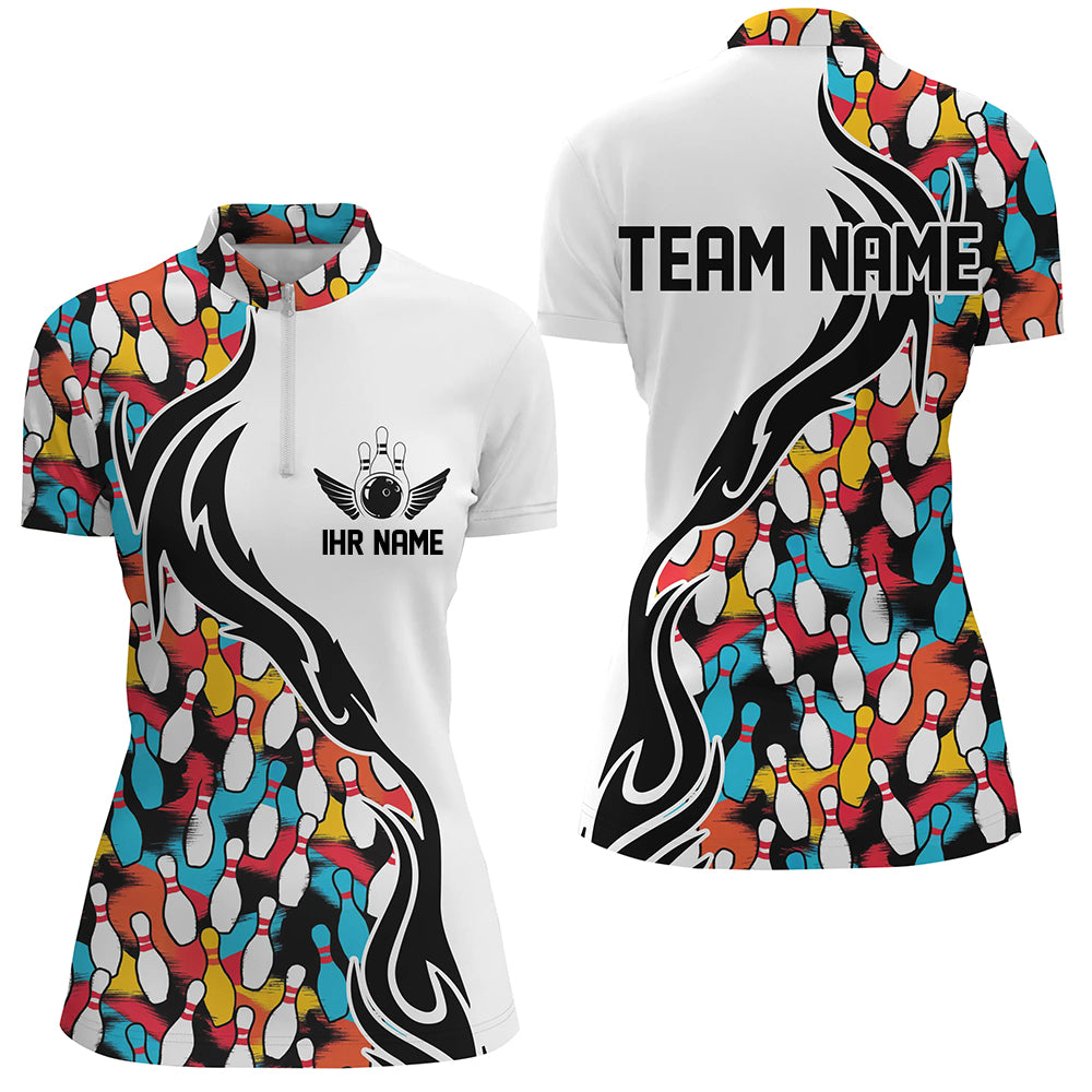 Bunte Bowling-Pins, individuelle Damen-Bowling-Polohemden, Flammen-Bowling-Outfits für Bowler IPHW6951