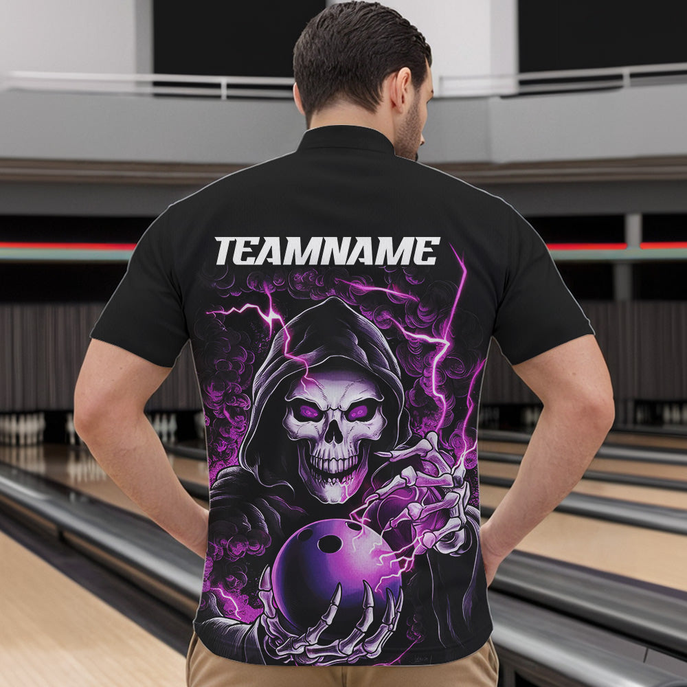 Individuelle lila Schädel-Bowling-Quarter-Zip-Hemden für Herren, personalisierte Halloween-Bowlingteam-Hemden IPHW6802