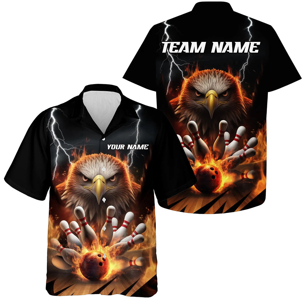 Donner-Blitz Maßgefertigte Flammen-Adler Bowling-Hawaiian-Shirts für Herren, Feuer-Bowling-Trikots IPHW7581