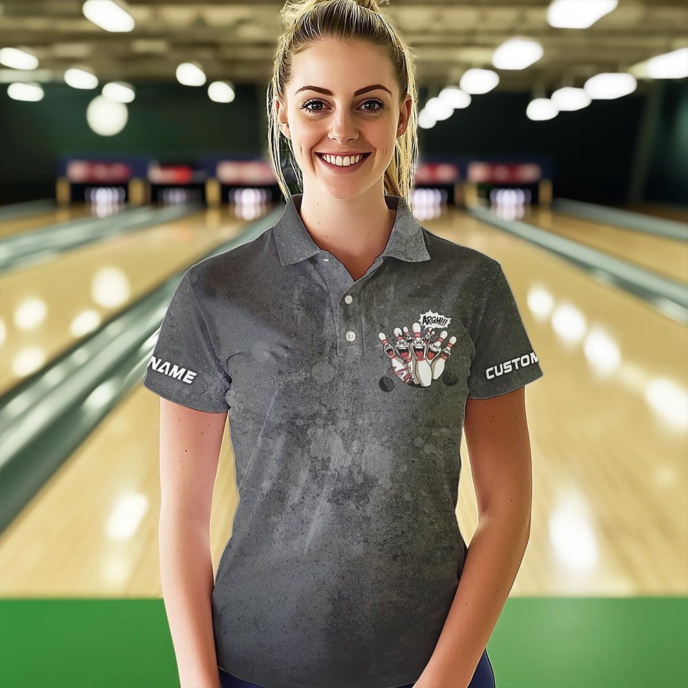 "Angry Bowling Pins Face" individuelle lustige Bowlinghemden für Damen, Vintage-Bowler-Outfits IPHW6696