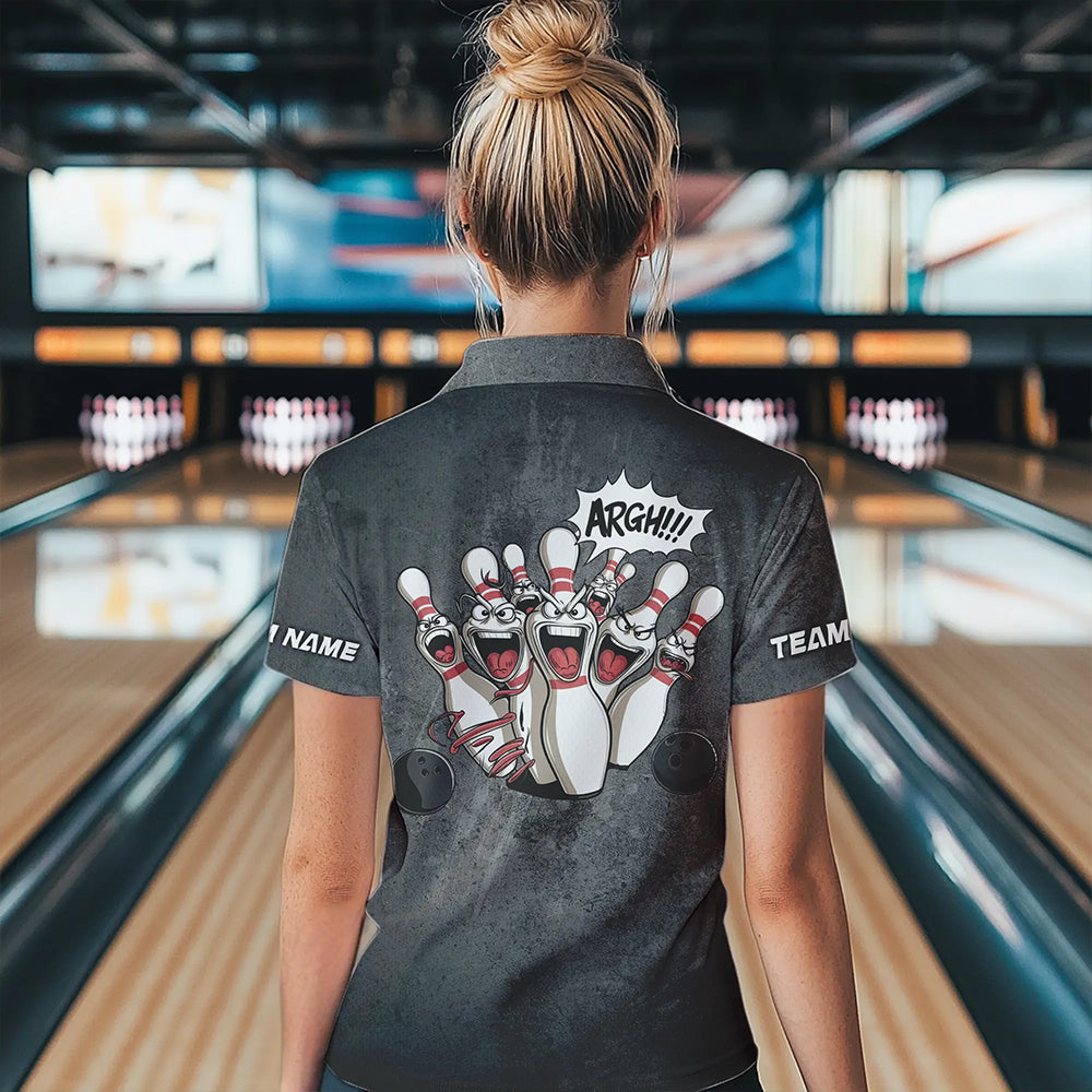 "Angry Bowling Pins Face" individuelle lustige Bowlinghemden für Damen, Vintage-Bowler-Outfits IPHW6696